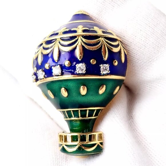 Authentic! Christian Dior 18k Yellow Gold Diamond Enamel Jules Verne Pin Brooch - Picture 9 of 16